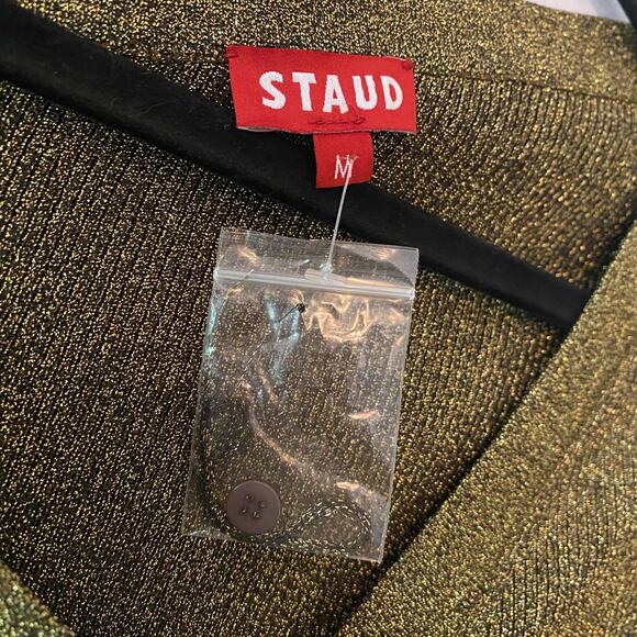 NWT Staud Women Medium Craftsman Sweater Gold Metallic Cardigan Off-the-Shoulder - Picture 3 of 11